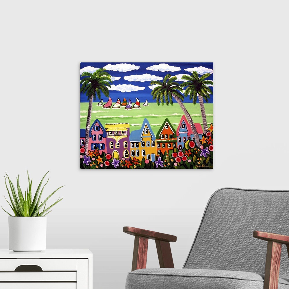 A modern room featuring Whimsical, tropical beach scene with tropical houses, flowers and sailboats in the distance. All ...