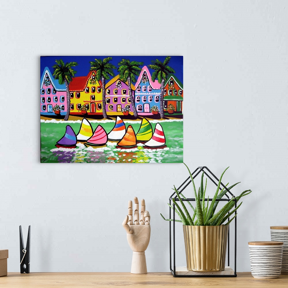 A bohemian room featuring Colorful, tropical beach scene with sailboats.