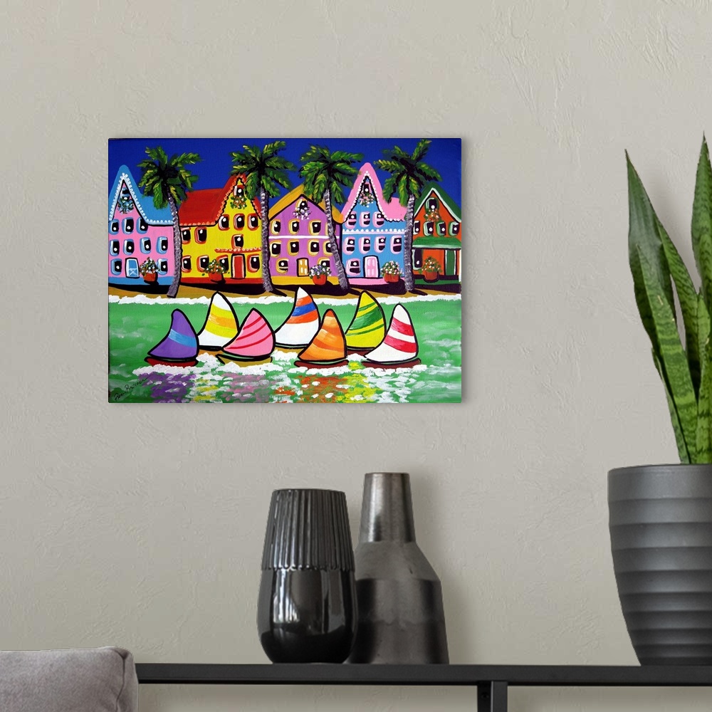 A modern room featuring Colorful, tropical beach scene with sailboats.