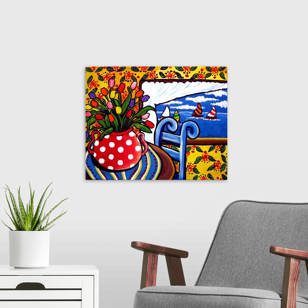 A modern room featuring Still life with tulips looking out of a window showing sailboats drifting by.