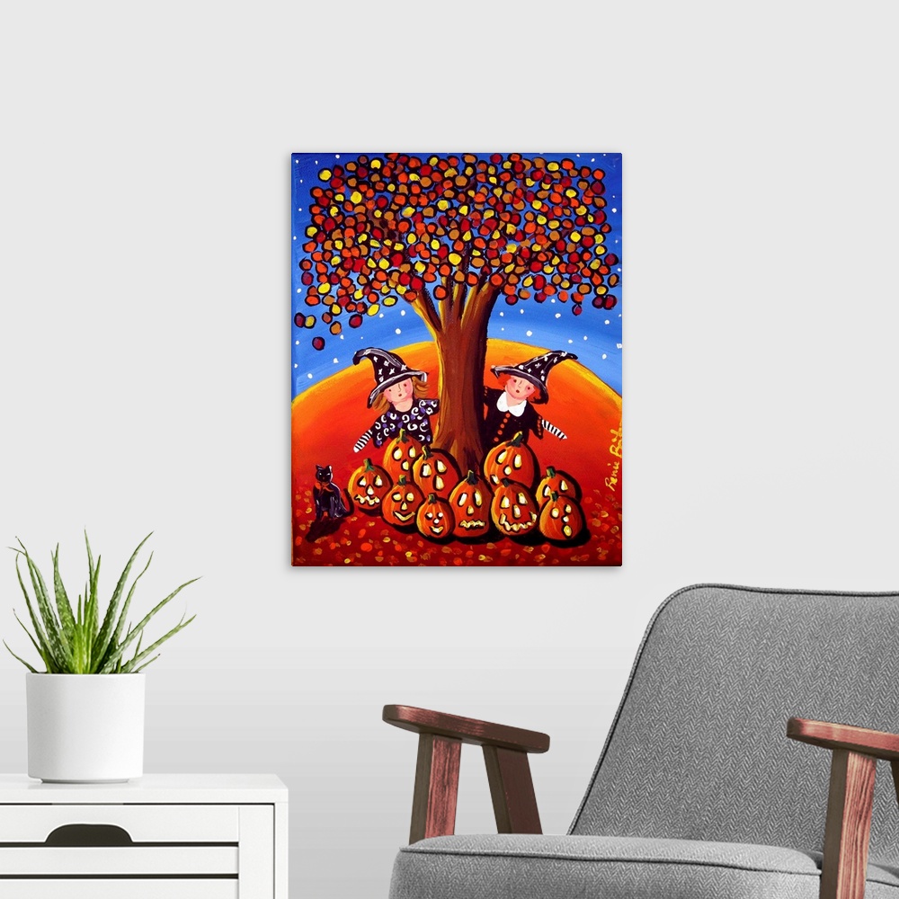 A modern room featuring Seasonal painting with two little girls dressed up as witches for Halloween hiding by an Autumn t...