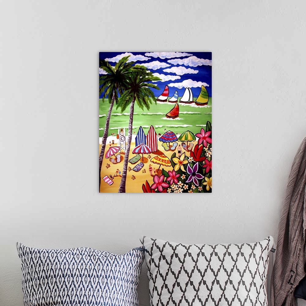 A bohemian room featuring Lots of color, activity, and fun in a beach scene with sailboats drifting by.