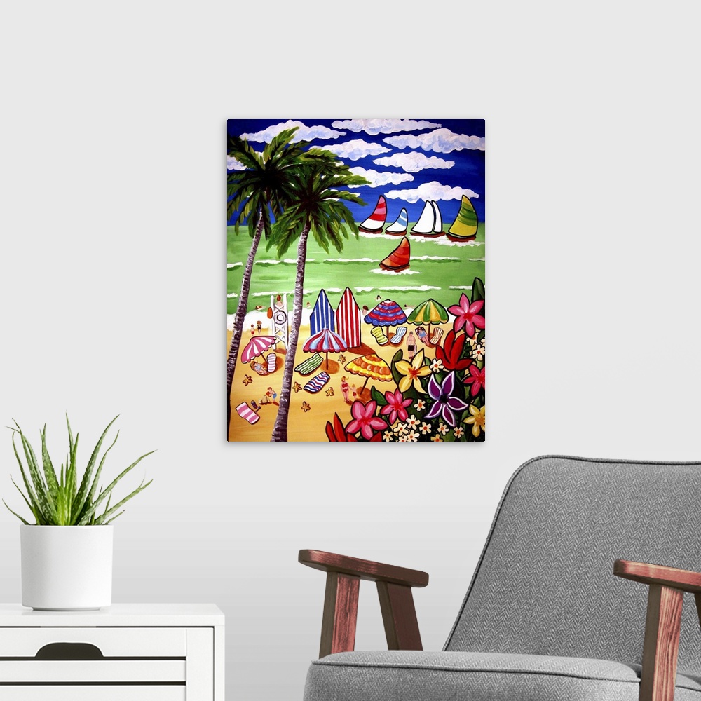 A modern room featuring Lots of color, activity, and fun in a beach scene with sailboats drifting by.