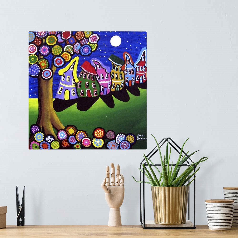 A bohemian room featuring Fun, slanting houses lean to and fro underneath a colorful tree and full moon.