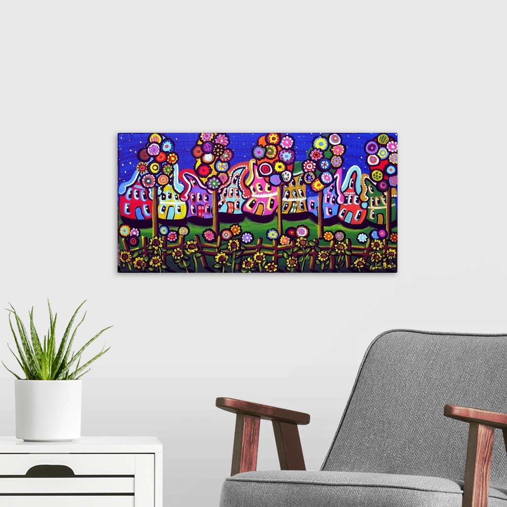 A modern room featuring Colorful, whimsical houses, trees and blossoms under a starry sky.