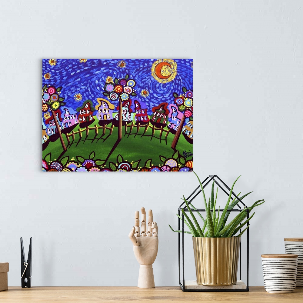 A bohemian room featuring A Van Gogh sky shines over whimsical houses, trees, and blossoms. Fun folk art piece!