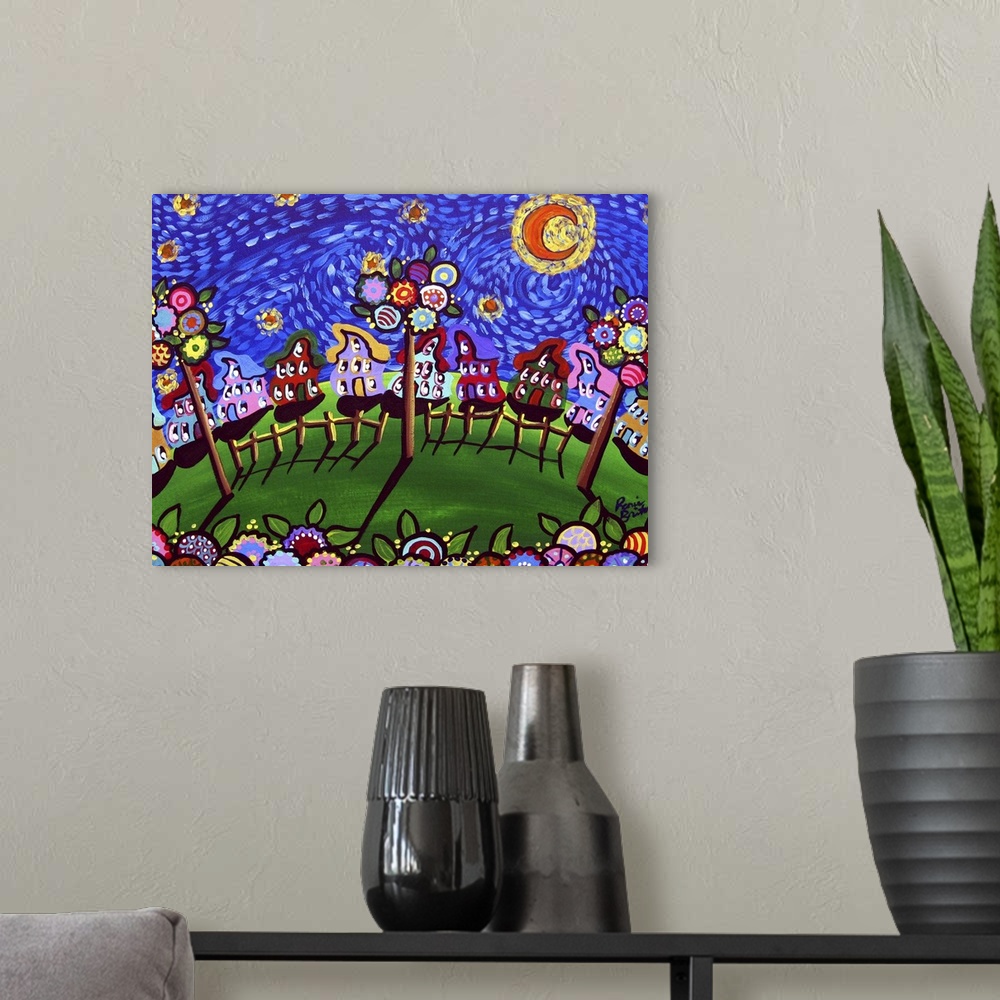 A modern room featuring A Van Gogh sky shines over whimsical houses, trees, and blossoms. Fun folk art piece!
