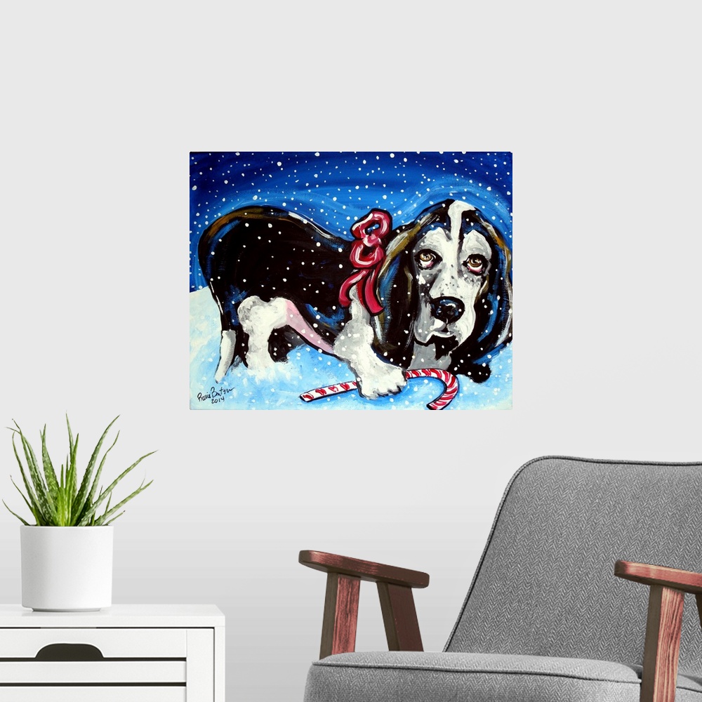 A modern room featuring A Basset Hound in the snow with a candy cane.
