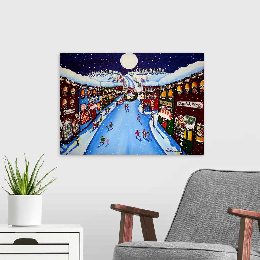 A modern room featuring Stores and shops are all dressed up for Christmas. Last minute shoppers are making their way up a...