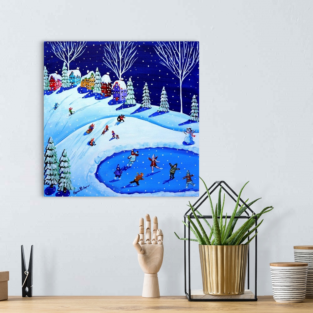 A bohemian room featuring Winter fun ice skating, sled riding and playing in the snow.