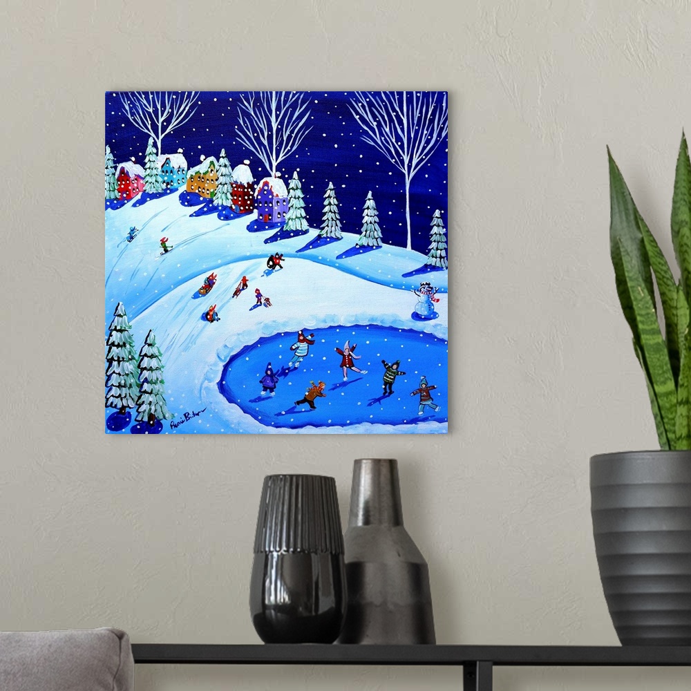 A modern room featuring Winter fun ice skating, sled riding and playing in the snow.