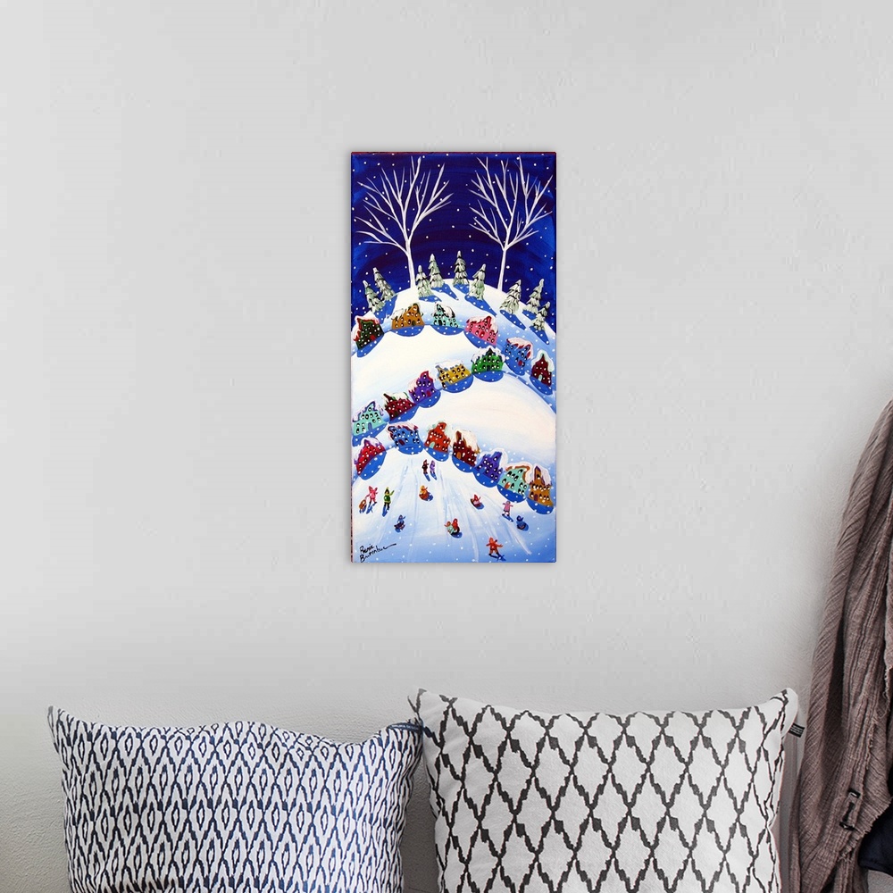 A bohemian room featuring Winter scene with colorful houses and sled riders.