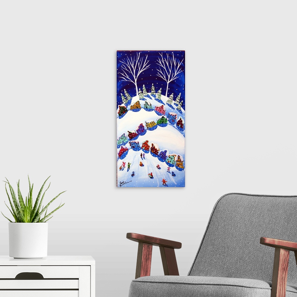 A modern room featuring Winter scene with colorful houses and sled riders.