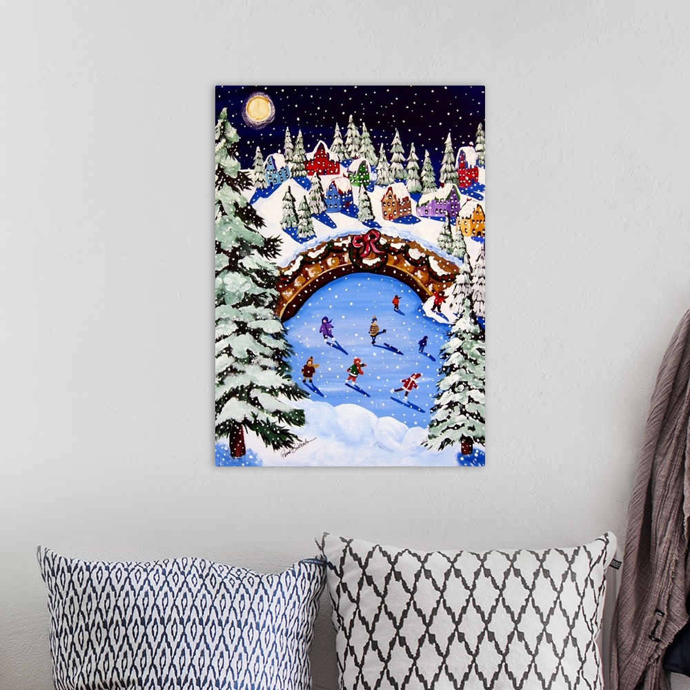 A bohemian room featuring Whimsical winter scene with ice skaters, Christmas trees, a snowman and fun houses.