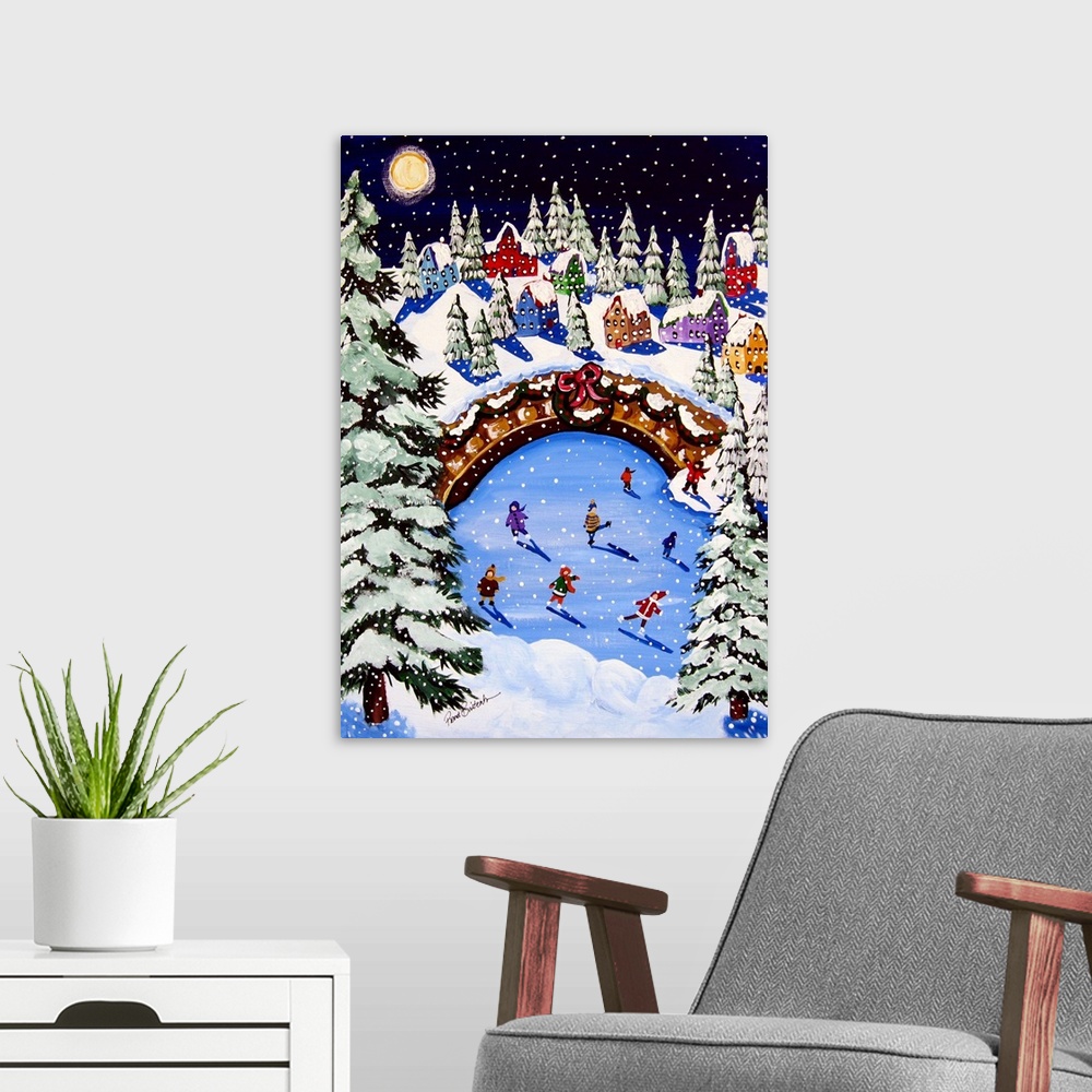 A modern room featuring Whimsical winter scene with ice skaters, Christmas trees, a snowman and fun houses.