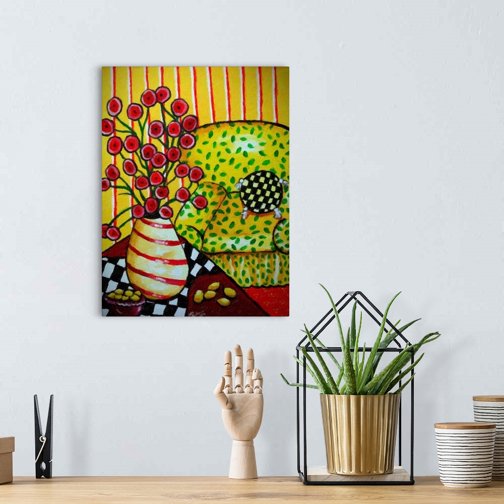 A bohemian room featuring Whimsical folk art still life with a striped vase of red poppies and a big, yellow easy chair.