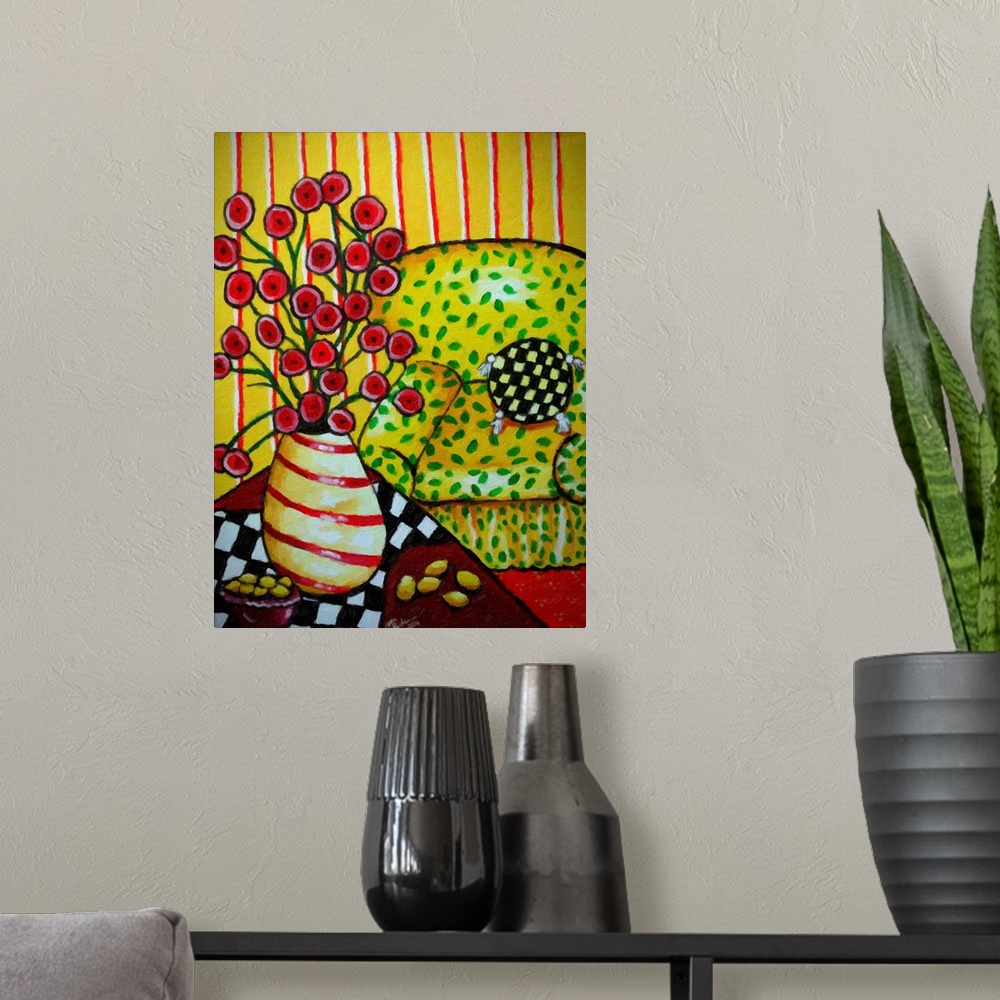 A modern room featuring Whimsical folk art still life with a striped vase of red poppies and a big, yellow easy chair.