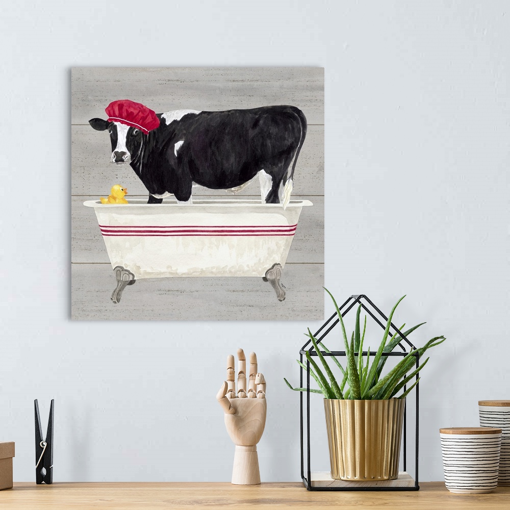 A bohemian room featuring Decorative artwork of a black and white cow standing in a bathtub with a shower cap on it's head ...