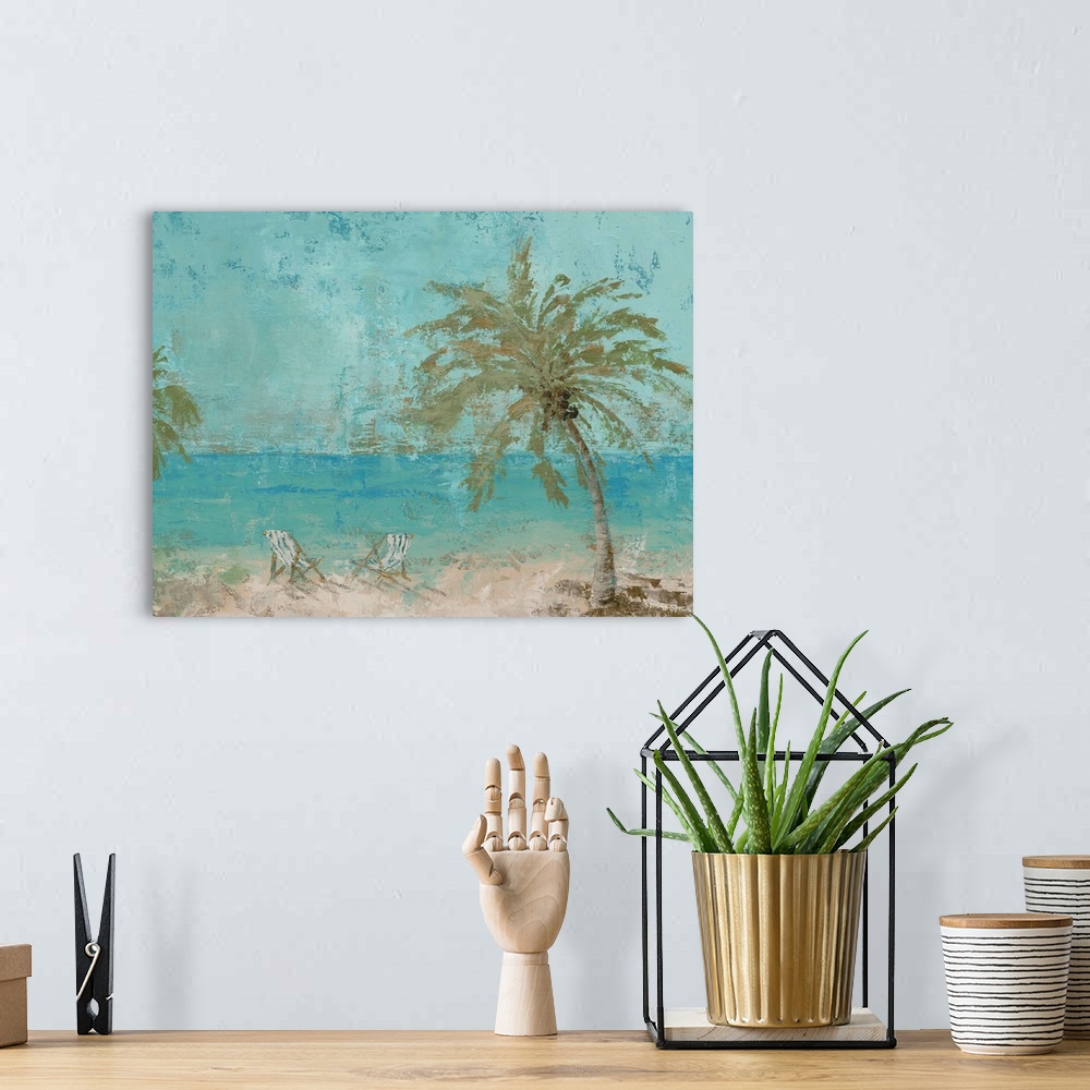 A bohemian room featuring A contemporary painting of lawn chairs next to palm trees on a beach with teal blue water.