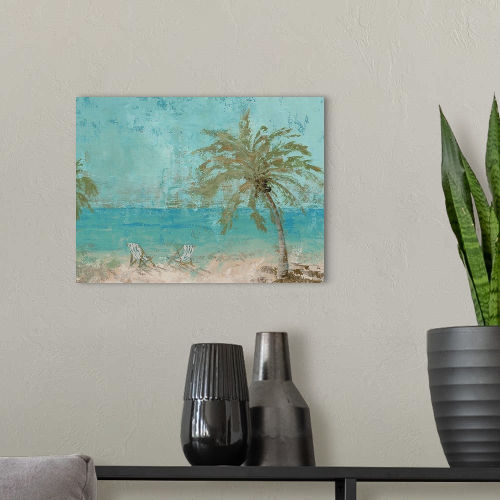 A modern room featuring A contemporary painting of lawn chairs next to palm trees on a beach with teal blue water.