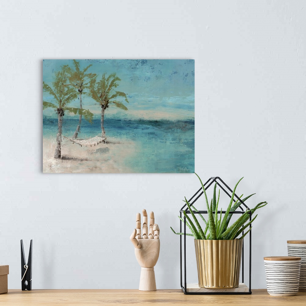 A bohemian room featuring A contemporary painting of a hammock tied to palm trees on a beach with teal blue water.