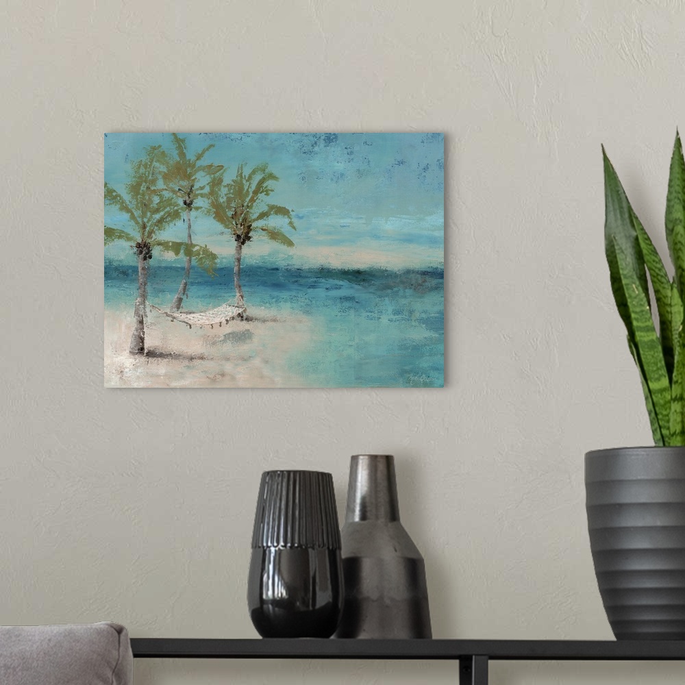 A modern room featuring A contemporary painting of a hammock tied to palm trees on a beach with teal blue water.