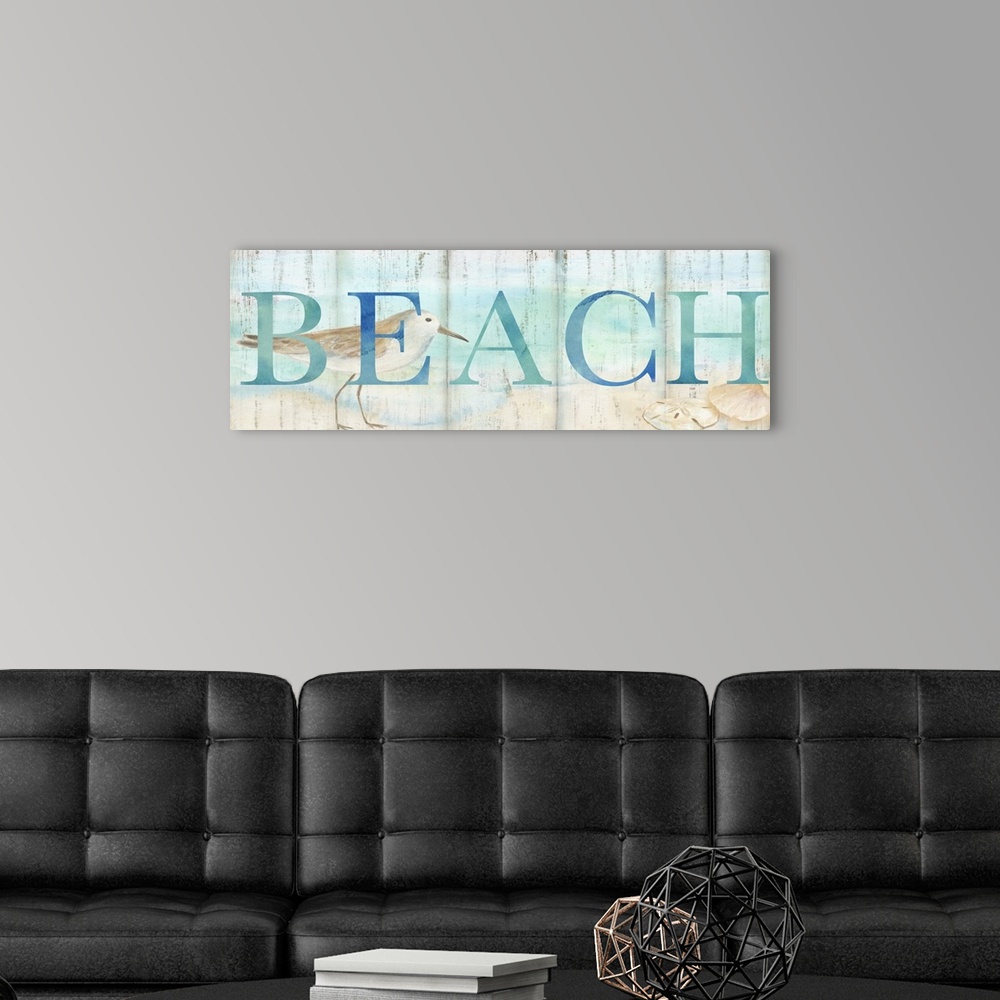 A modern room featuring "Beach" in blue over a watercolor image of a shorebird on a beach with a wood plank appearance.