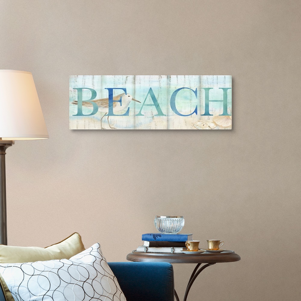 A traditional room featuring "Beach" in blue over a watercolor image of a shorebird on a beach with a wood plank appearance.
