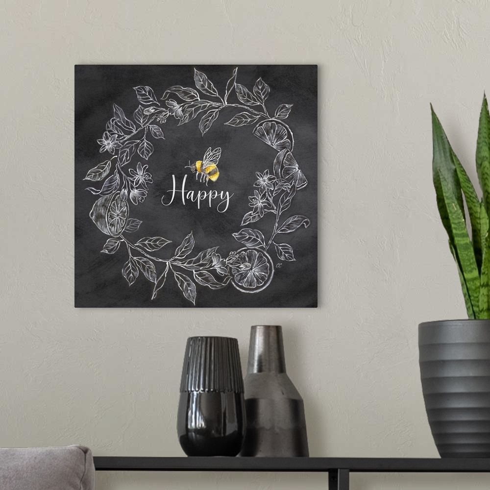 A modern room featuring Bee Sentiment Wreath black I-Happy