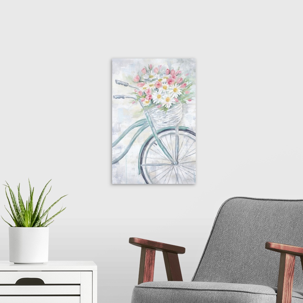 A modern room featuring Contemporary painting of a teal bicycle with a basket full of spring flowers on a gray background.