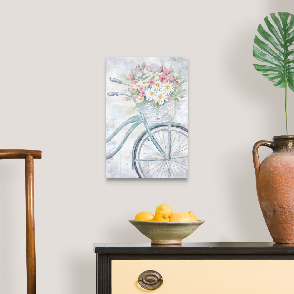 A traditional room featuring Contemporary painting of a teal bicycle with a basket full of spring flowers on a gray background.