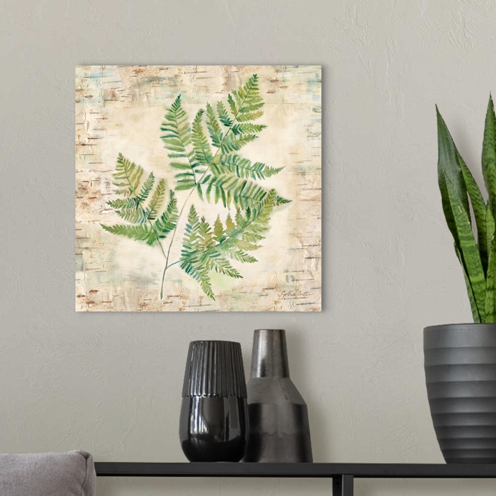 A modern room featuring Decorative artwork of a fern leaf against a wood bark texture with a brown border.