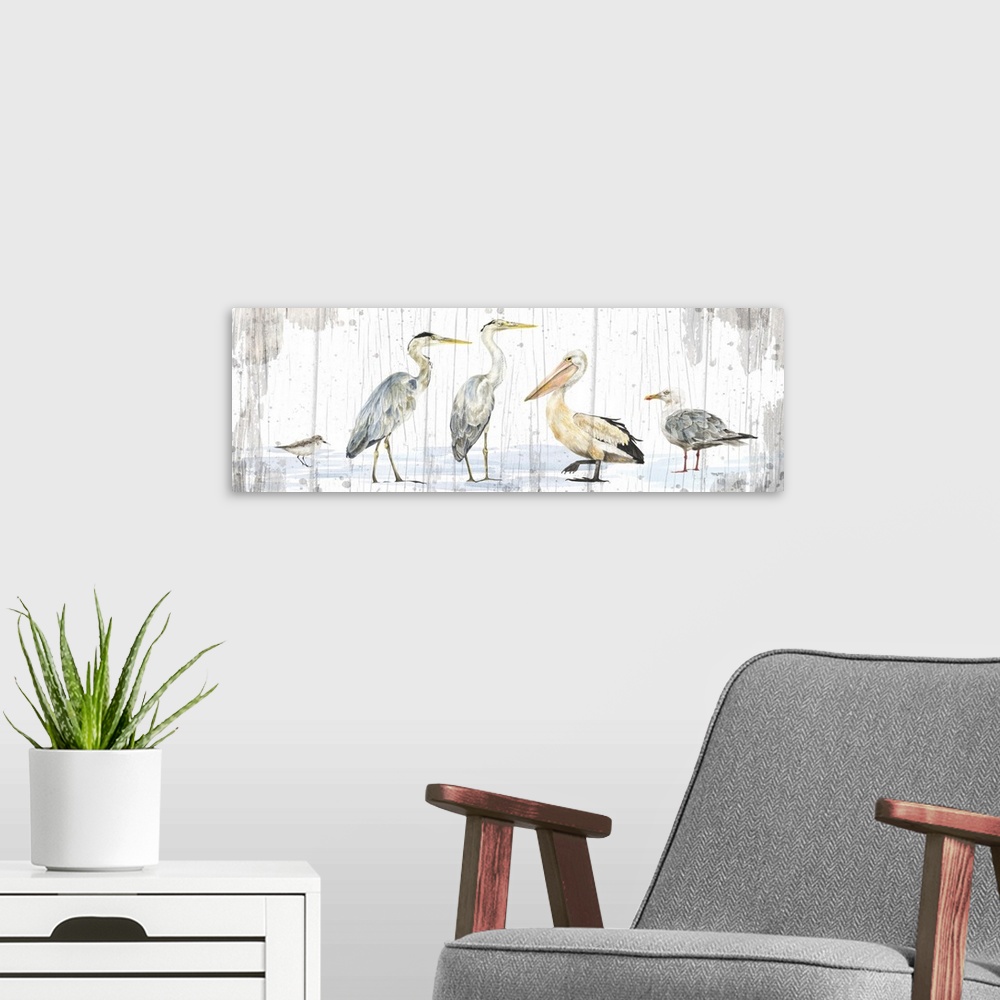 A modern room featuring Birds of the Coast Rustic Panel