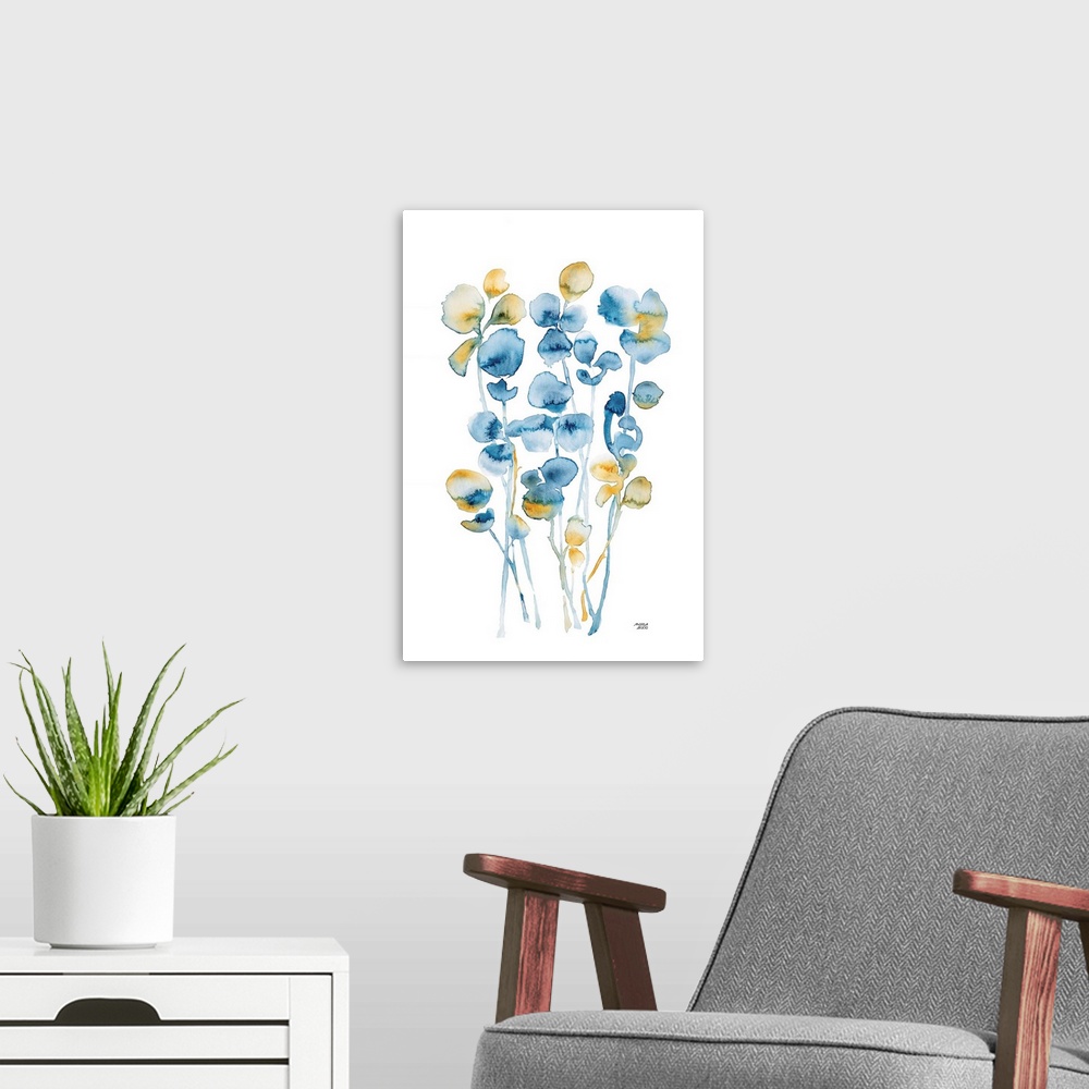 A modern room featuring Blue and Gold Watercolor Floral
