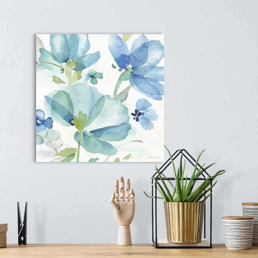 A bohemian room featuring Square decorative watercolor image of a large blue poppies on a white background.