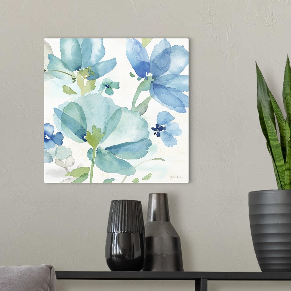 A modern room featuring Square decorative watercolor image of a large blue poppies on a white background.