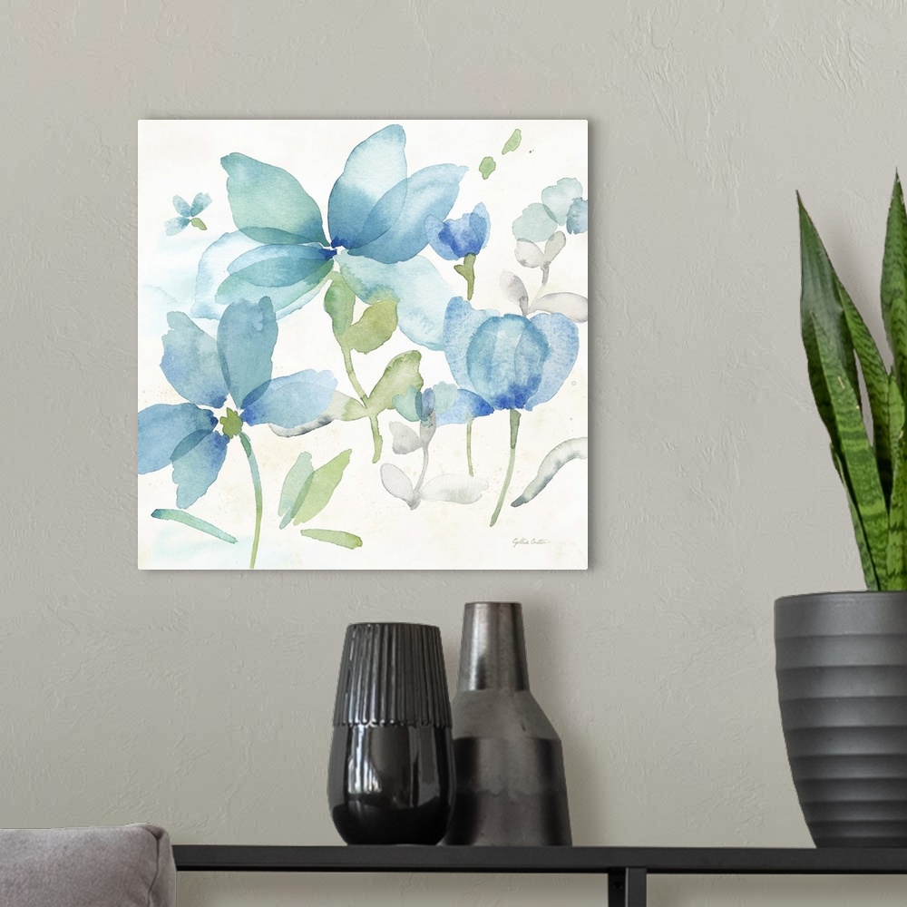 A modern room featuring Square decorative watercolor image of a large blue poppies on a white background.