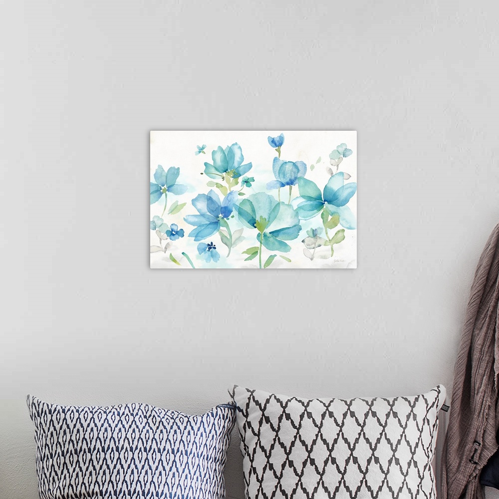A bohemian room featuring Decorative watercolor image of a large blue poppies on a white background.