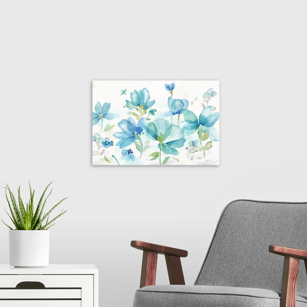 A modern room featuring Decorative watercolor image of a large blue poppies on a white background.