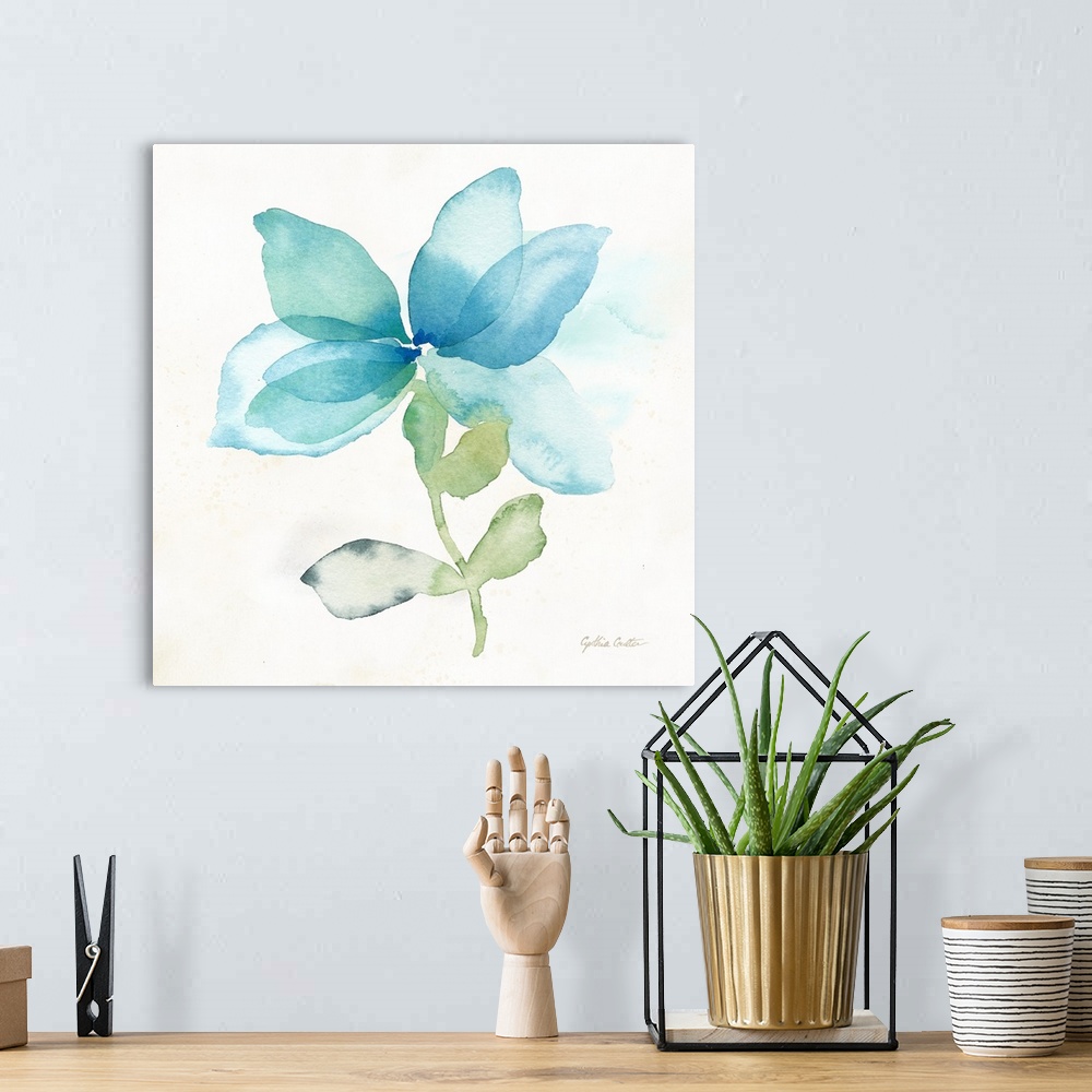 A bohemian room featuring Square decorative watercolor image of a large blue poppy on a white background.