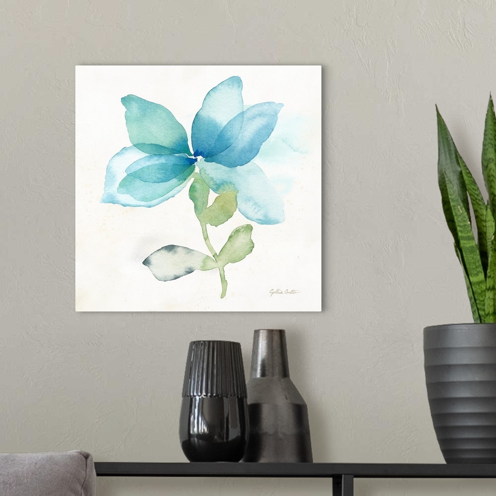 A modern room featuring Square decorative watercolor image of a large blue poppy on a white background.