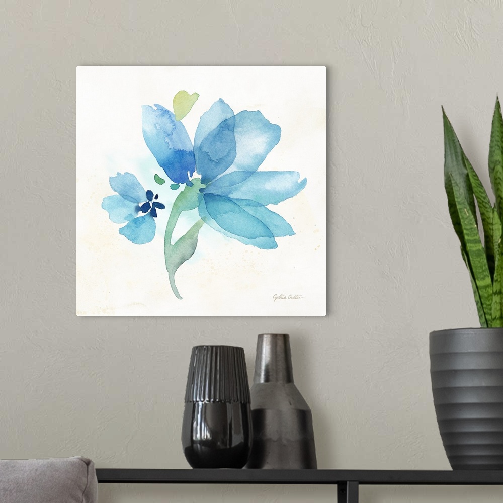 A modern room featuring Square decorative watercolor image of a large blue poppy on a white background.