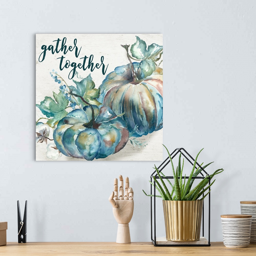 A bohemian room featuring "Gather Together" on a watercolor painting of a group of pumpkins with autumn leaves in cool shad...