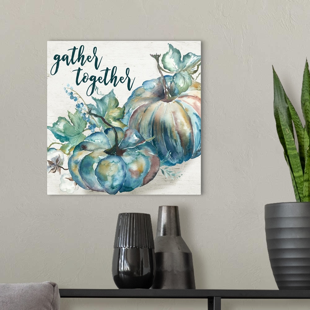 A modern room featuring "Gather Together" on a watercolor painting of a group of pumpkins with autumn leaves in cool shad...