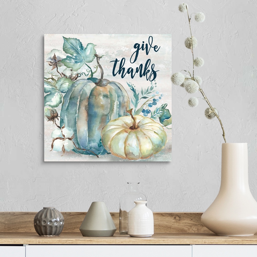 A farmhouse room featuring "Give Thanks" on a watercolor painting of a group of pumpkins with autumn leaves in cool shades o...