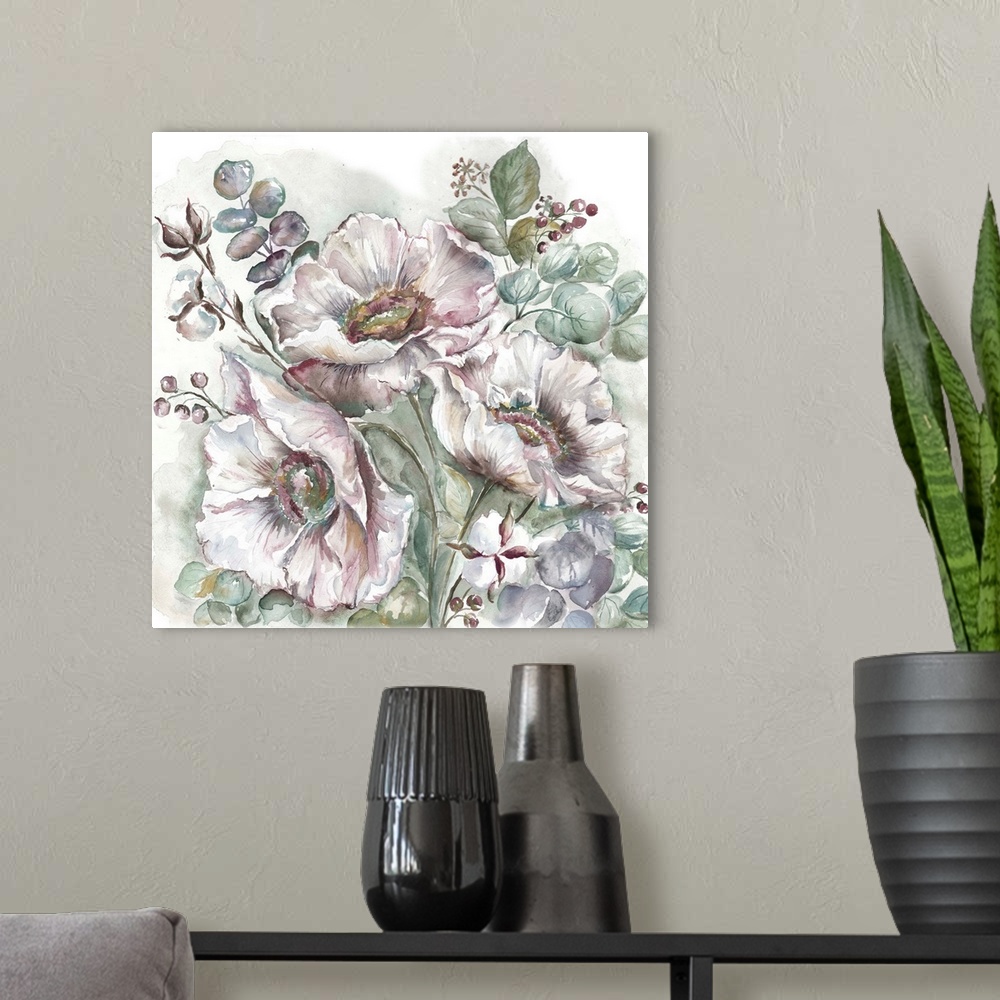 A modern room featuring A decorative watercolor painting of a poppy and eucalyptus in subdue tones.