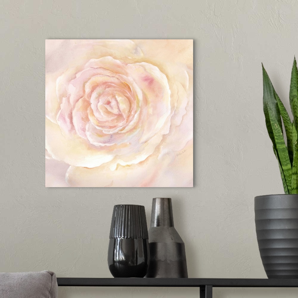 A modern room featuring Square painting of a close up image of a blush colored rose.