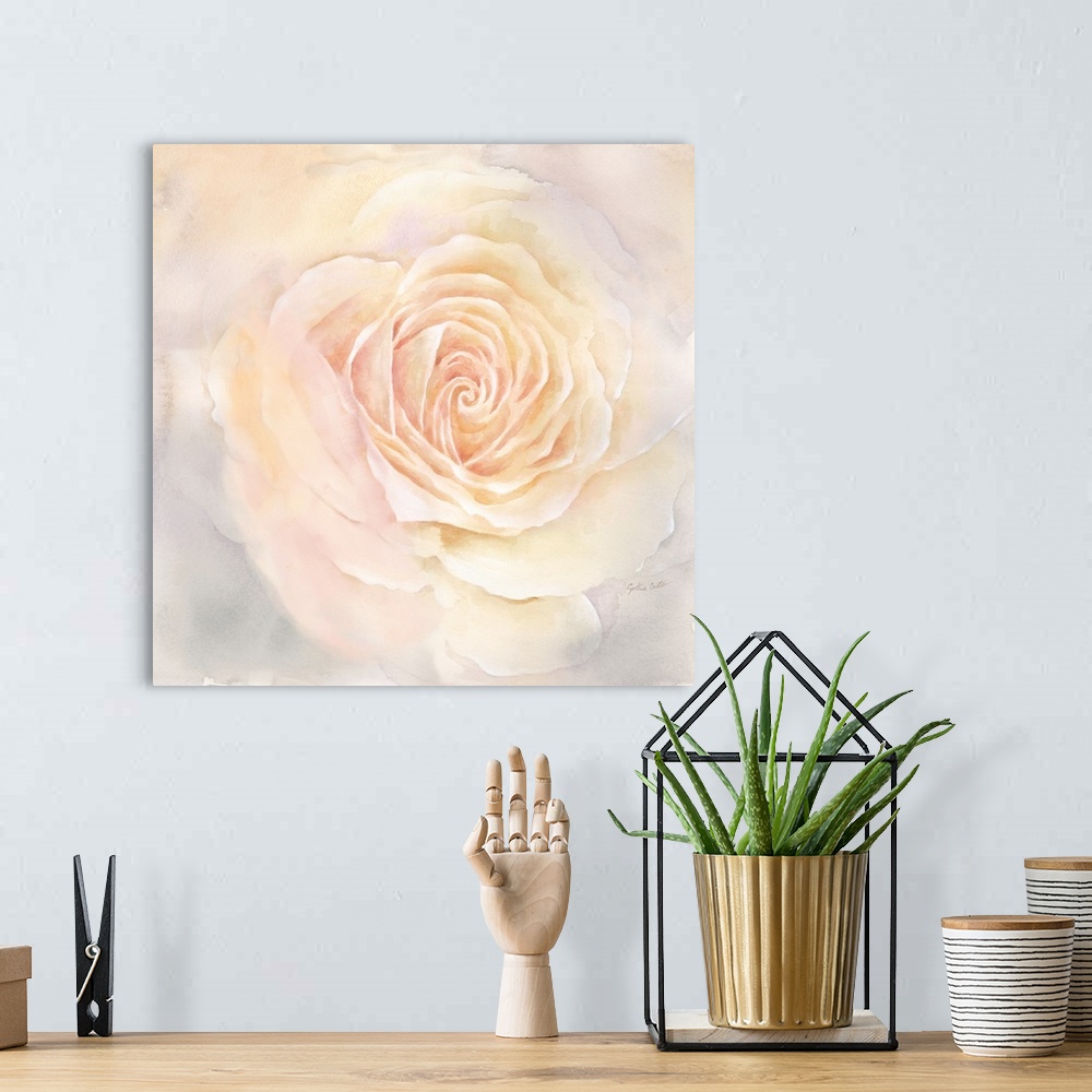 A bohemian room featuring Square painting of a close up image of a blush colored rose.