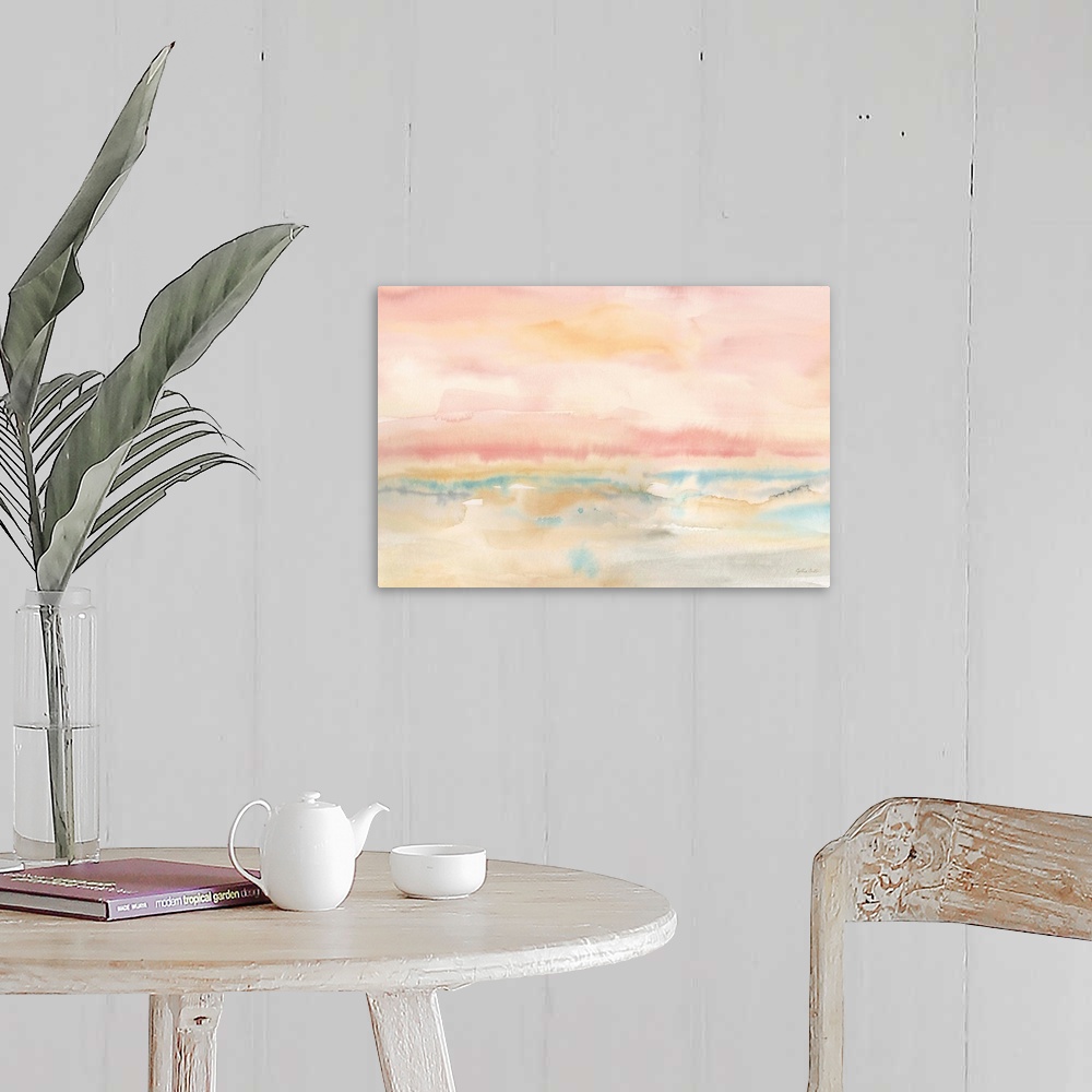 A farmhouse room featuring Square abstract watercolor painting in blurred brush strokes of muted tones of pink, blue and green.