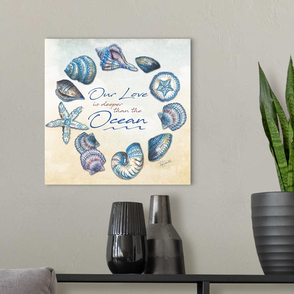 A modern room featuring "Our Love is deeper than the Ocean" surrounds by a wreath of shells on a warm toned background.